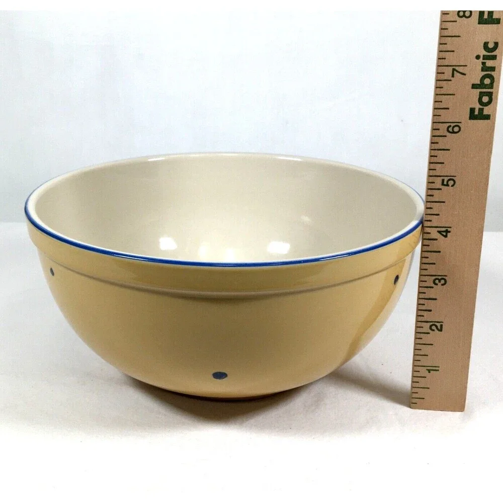 Vtg Yellow Ware Ceramic Blue Floral Leaf 8.5